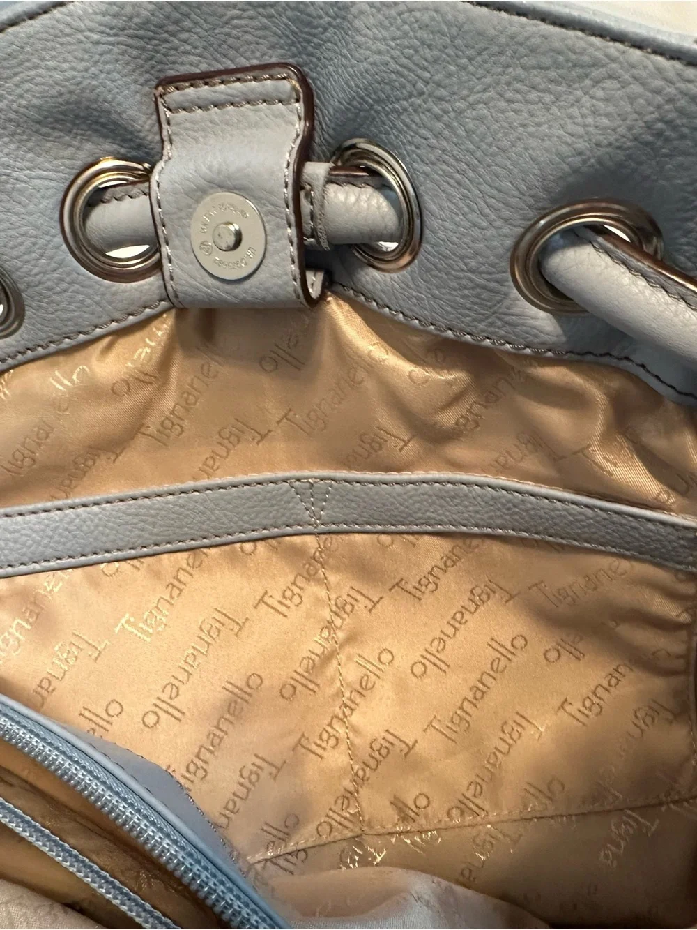 Tignanello Light Blue Pebbled Leather Shoulder Bag with Silver Plaque